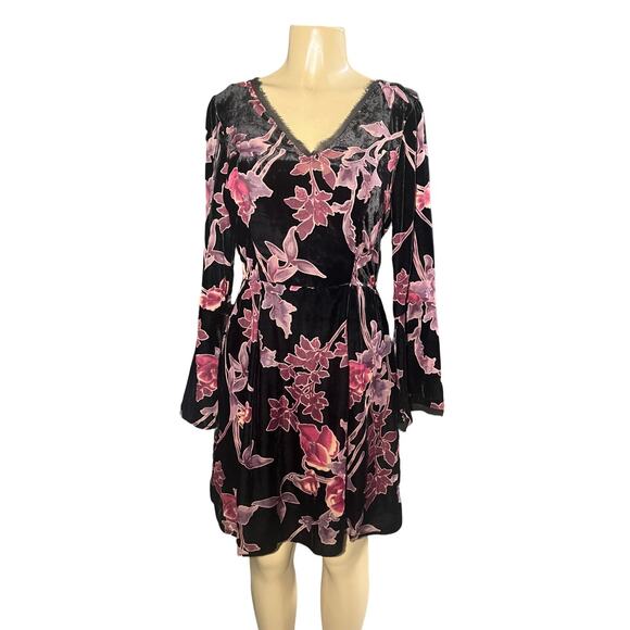Kut from the Kloth Burnout Black Red Velvet Sheer Floral Dress Long Slee… - Picture 1 of 12